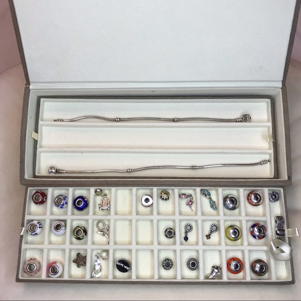 Sterling Silver Pandora Bracelets, Charms and Suede Jewelry Box.